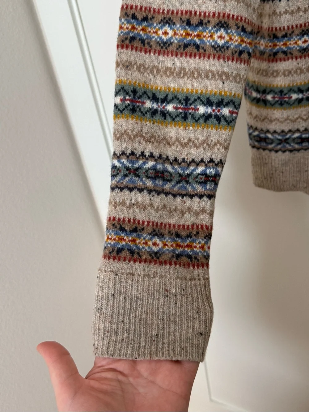 J Crew Sweater Men Sz S Beige Fair Isle Lambswool Blend Crewneck Nordic Pullover